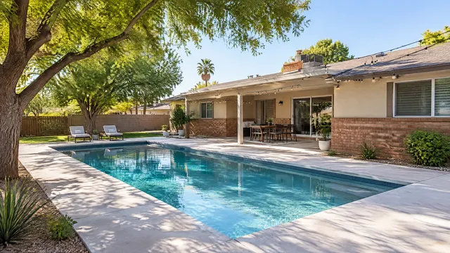 Brand-new simple rectangular pool in the backyard of a modest 1960s single-story ranch home in an older Mesa, Arizona neighborhood, mature shade trees, brick-and-stucco house, new light concrete deck, chain of string lights over a patio, warm afternoon light
