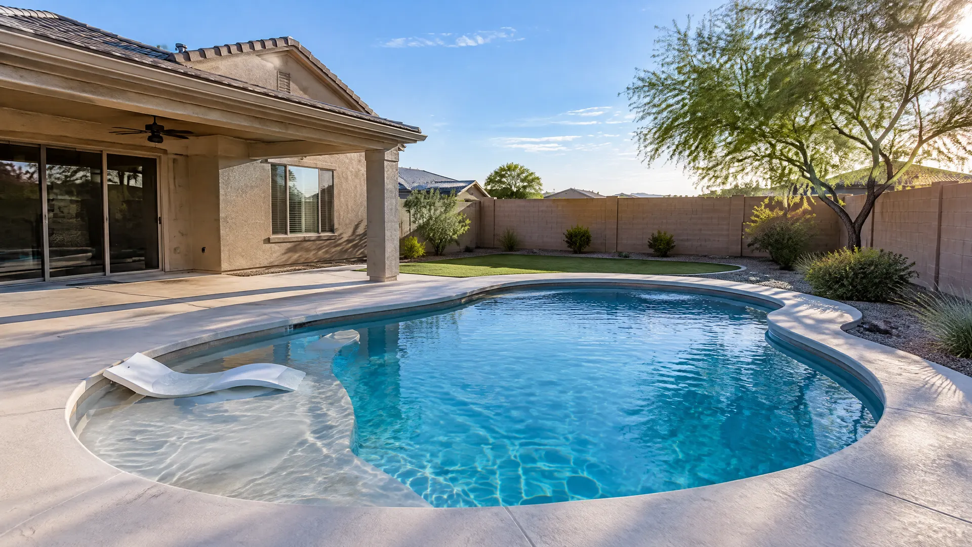 New kidney-shaped family pool with a short sun shelf behind a single-family stucco home in east Mesa, Arizona, light cool deck, small grass area, block wall, mesquite tree, sunny late afternoon