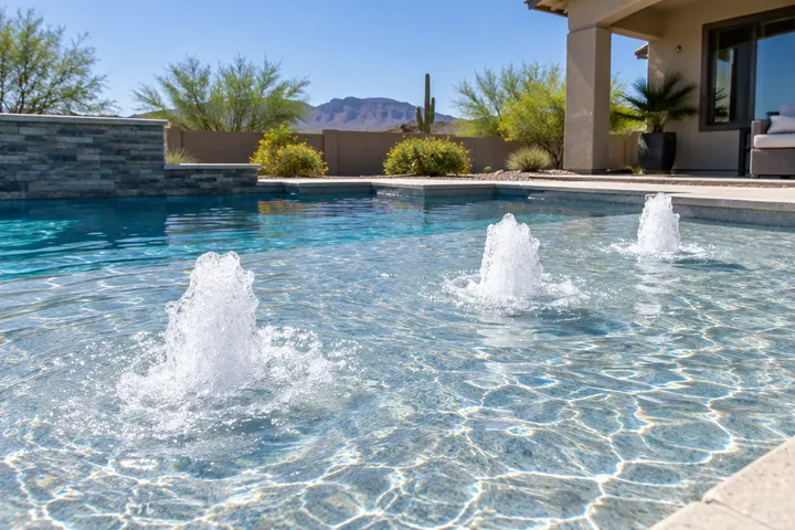 Three small bubblers lifting water a few inches above a pool's shallow sun shelf, sparkling in sunlight
