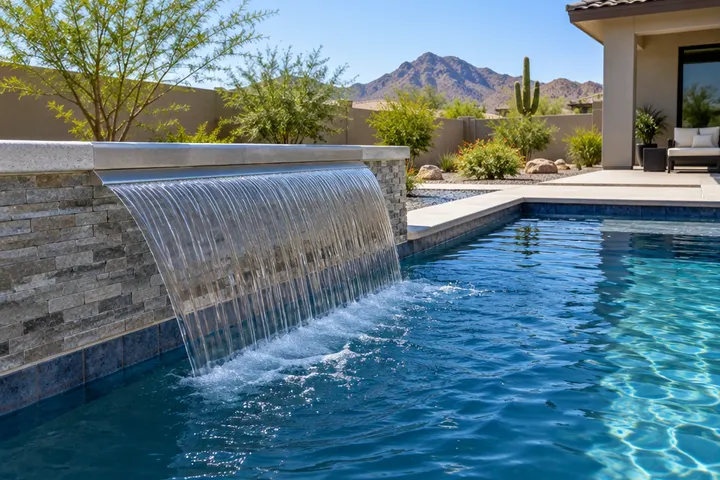 Stainless sheer descent waterfall pouring a smooth sheet of water from a low raised wall into a new pool