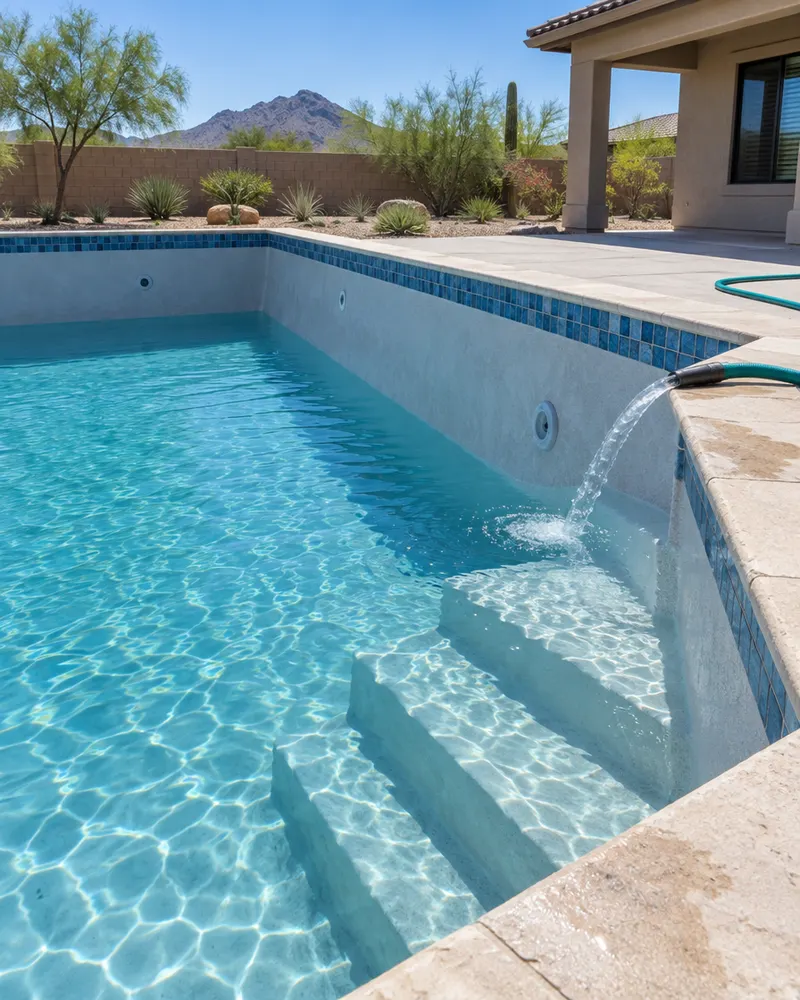 Brand-new pool interior just after plastering, first fill underway with clear water rising over the steps, a hose on the deck, new tile at the waterline, Arizona backyard