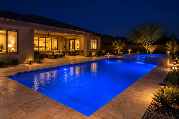 Night photograph after sunset, dark navy sky: a new pool lit from inside by color LED underwater lights glowing deep blue, sandstone deck lit by small low landscape lights, warm glowing house windows in the background