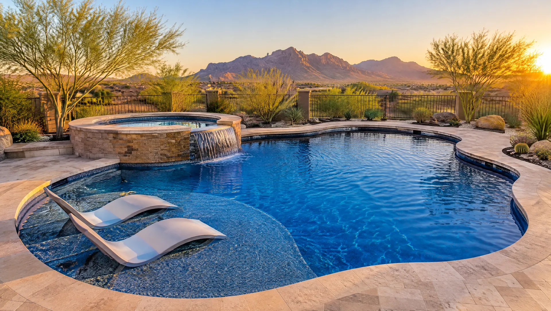 Brand-new freeform swimming pool in a Mesa, Arizona backyard at golden hour: deep cobalt-blue pebble interior, a wide tanning ledge with two lounge chairs in the water, sandstone-colored travertine deck, a raised spa spilling into the pool, young palo verde trees and desert landscaping, the Superstition Mountains far in the distance under a clear sky