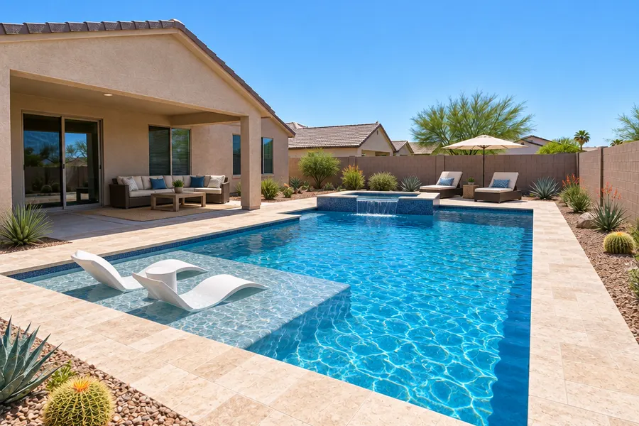 The same Mesa backyard with the same house, patio and block wall after a new pool is built: blue geometric pool with a sun shelf, sandstone deck, desert plantings, lounge chairs, bright daylight