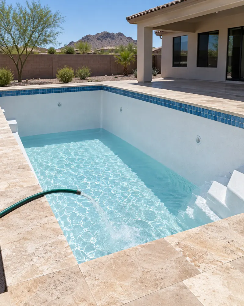 Freshly finished new swimming pool being filled for the first time with a garden hose draped over the coping, bright white plaster interior with a few inches of clear water, new blue waterline tile, sandstone deck, Arizona backyard