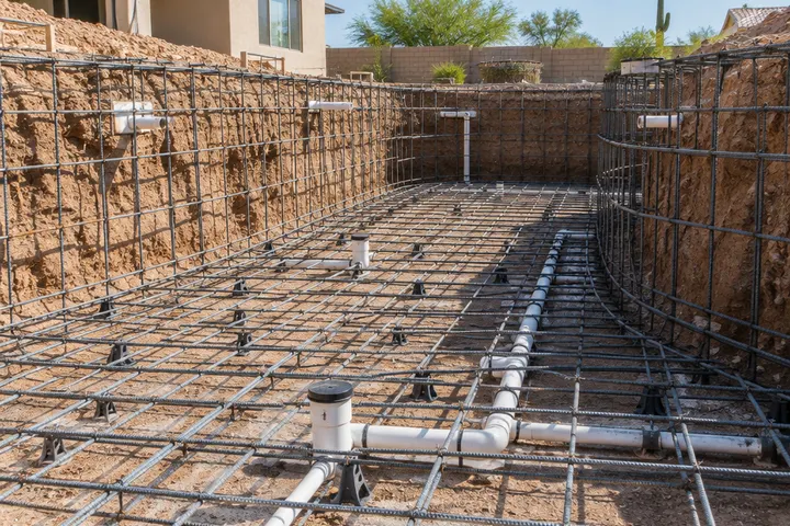 Close view of a steel rebar grid tied in a newly excavated pool, rebar on chairs above the soil, plumbing lines running along the floor, dirt walls, daylight