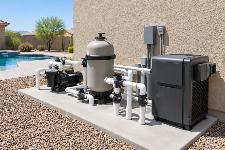 New pool equipment pad beside a stucco wall: variable-speed pump, cartridge filter, heater and neatly glued white PVC plumbing with valves, clean concrete pad