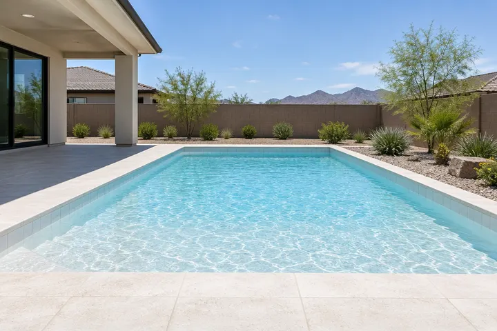 Side view of a new play pool showing a consistent shallow depth across the whole floor, clear water, white tile