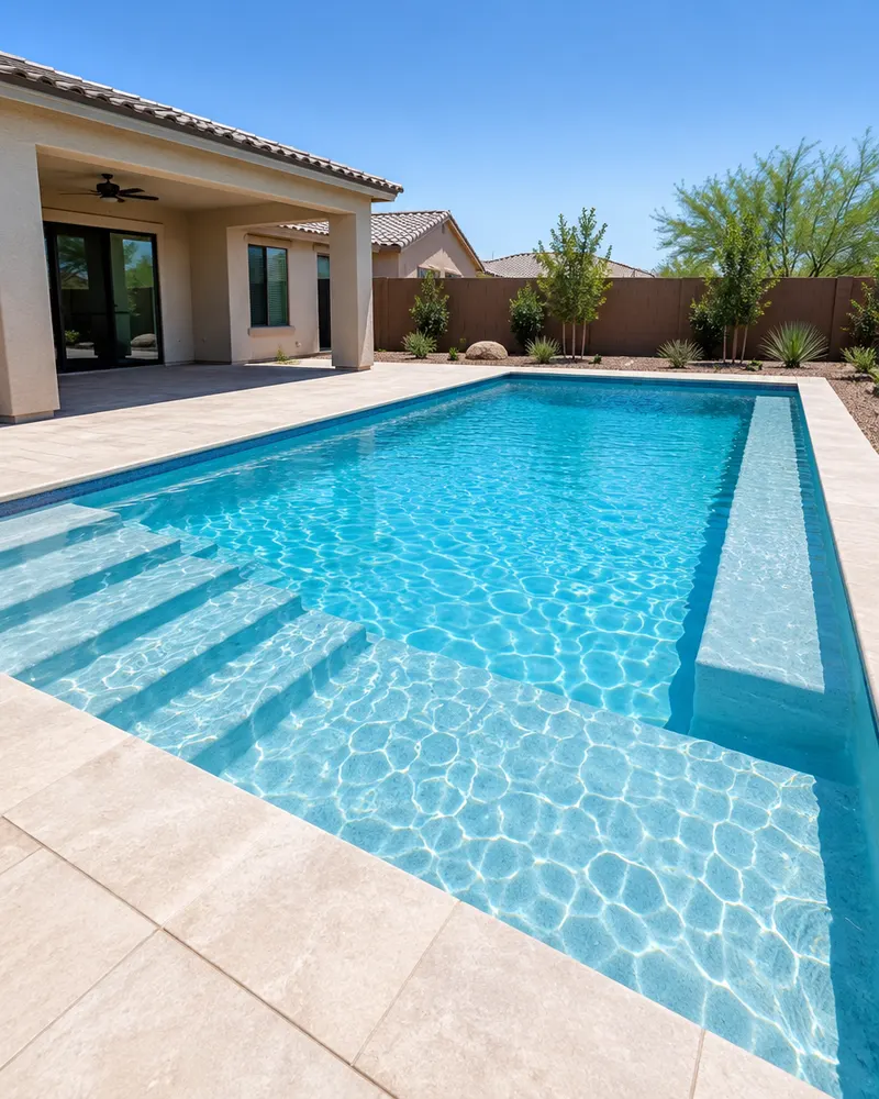 Wide entry steps across the full width of a new play pool with bright blue water and a long bench, no deep end, sunny day, no people
