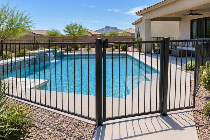 Self-closing pool fence gate in black aluminum around a new pool in an Arizona backyard, latch at top