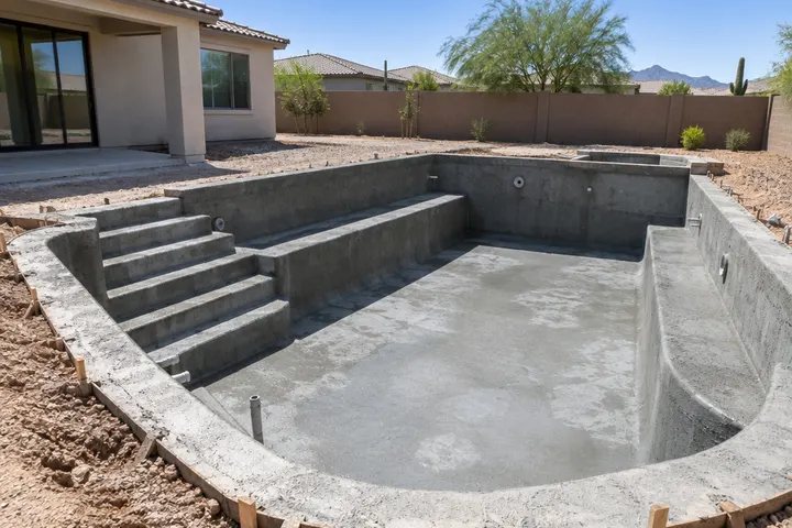 Fresh gunite concrete shell of a new pool with formed steps and bench, rough gray surface, damp from curing, no people