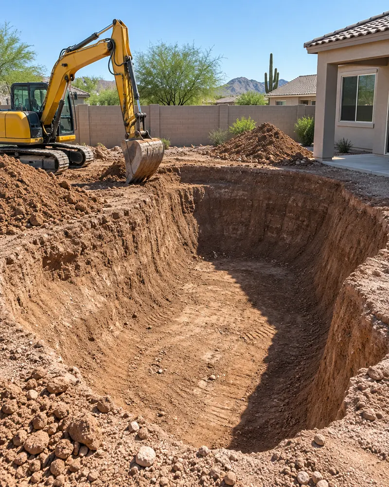 Excavator digging a new pool in a Mesa, Arizona backyard, freshly cut dirt pit with sloped deep end, piles of soil, block wall and stucco house behind, operator not visible