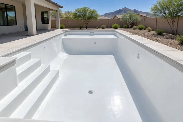 Freshly troweled smooth white plaster interior of a new empty pool, glossy and clean, steps and drain visible