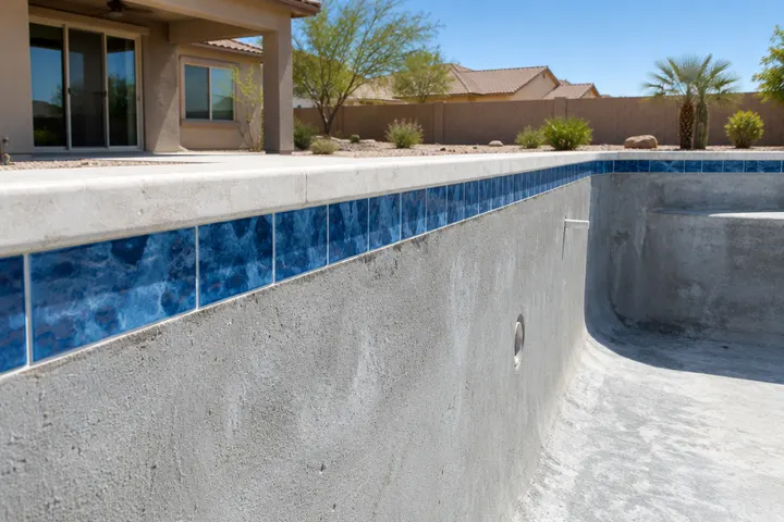 New blue porcelain waterline tile and light coping just installed along the top of a bare gunite pool wall