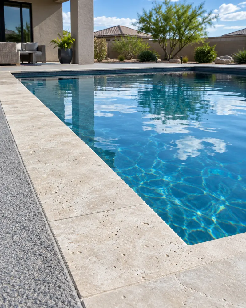 Close vertical view of new light sandstone travertine coping meeting a cool-textured deck around a new pool, water reflecting the sky