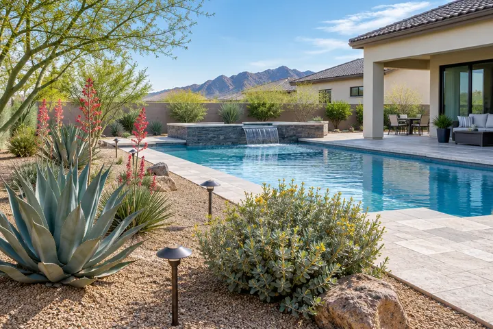 Low-water desert landscaping beside a new pool: agave, red yucca, desert spoon and decomposed granite, low landscape lights