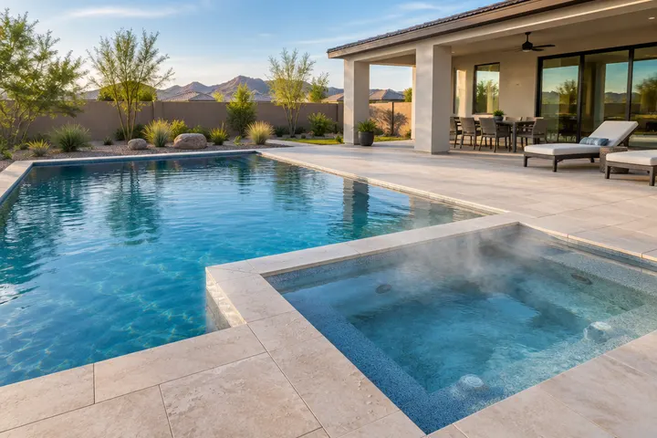 New spa built flush with the pool deck, separated from the pool by a narrow dam wall, steaming slightly in cool evening air