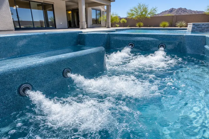 Inside a new spa: bench seating with hydrotherapy jets bubbling, blue interior finish, close angle